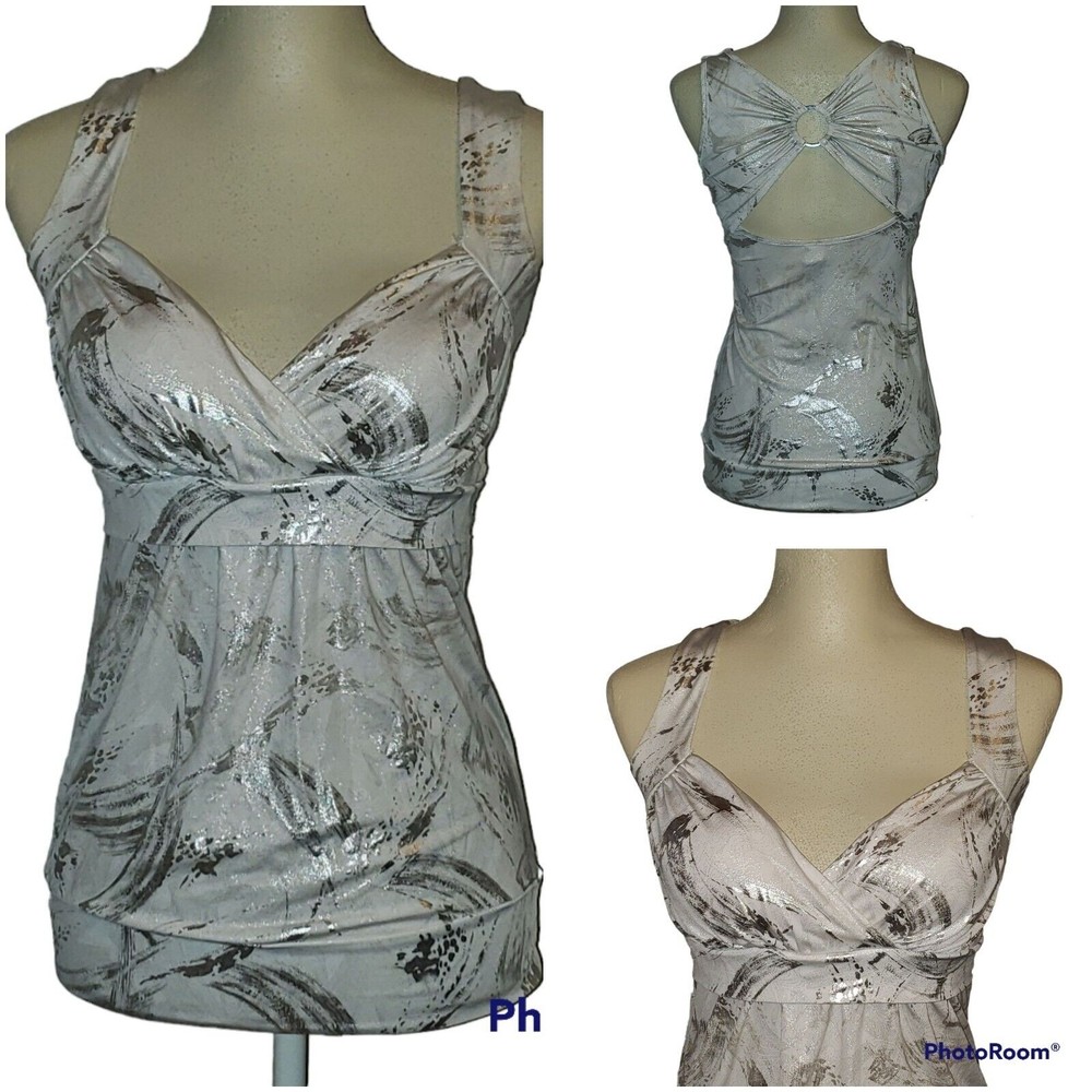Vintage 90's Y2K Satin Feel Silver White Ring Cutout Top Empire Waist V-Neck SzS